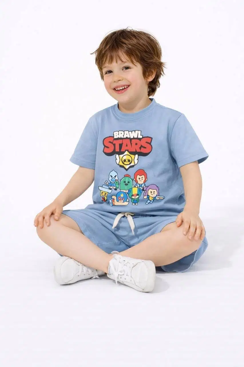 ERKEK ÇOCUK BRAWL STARS MODELLİ PAMUK ŞORTLU TAKIM - Mavi