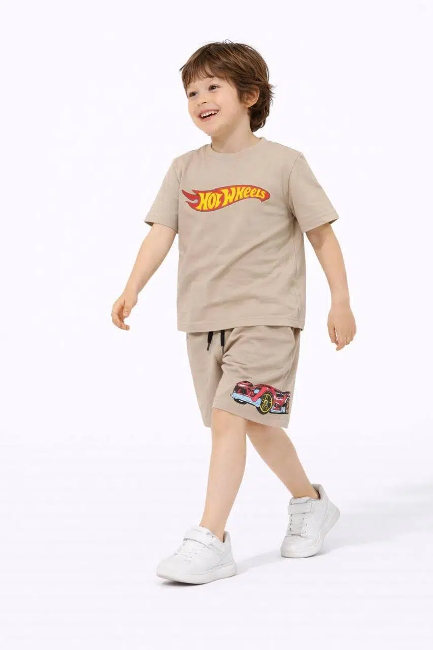 ERKEK ÇOCUK HOT WHEELS MODELLİ PAMUK ŞORTLU TAKIM - bej