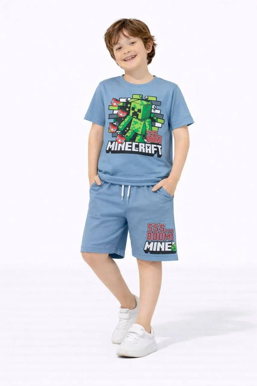 ERKEK ÇOCUK MINECRAFT DESENLİ PAMUK ŞORTLU TAKIM - Mavi