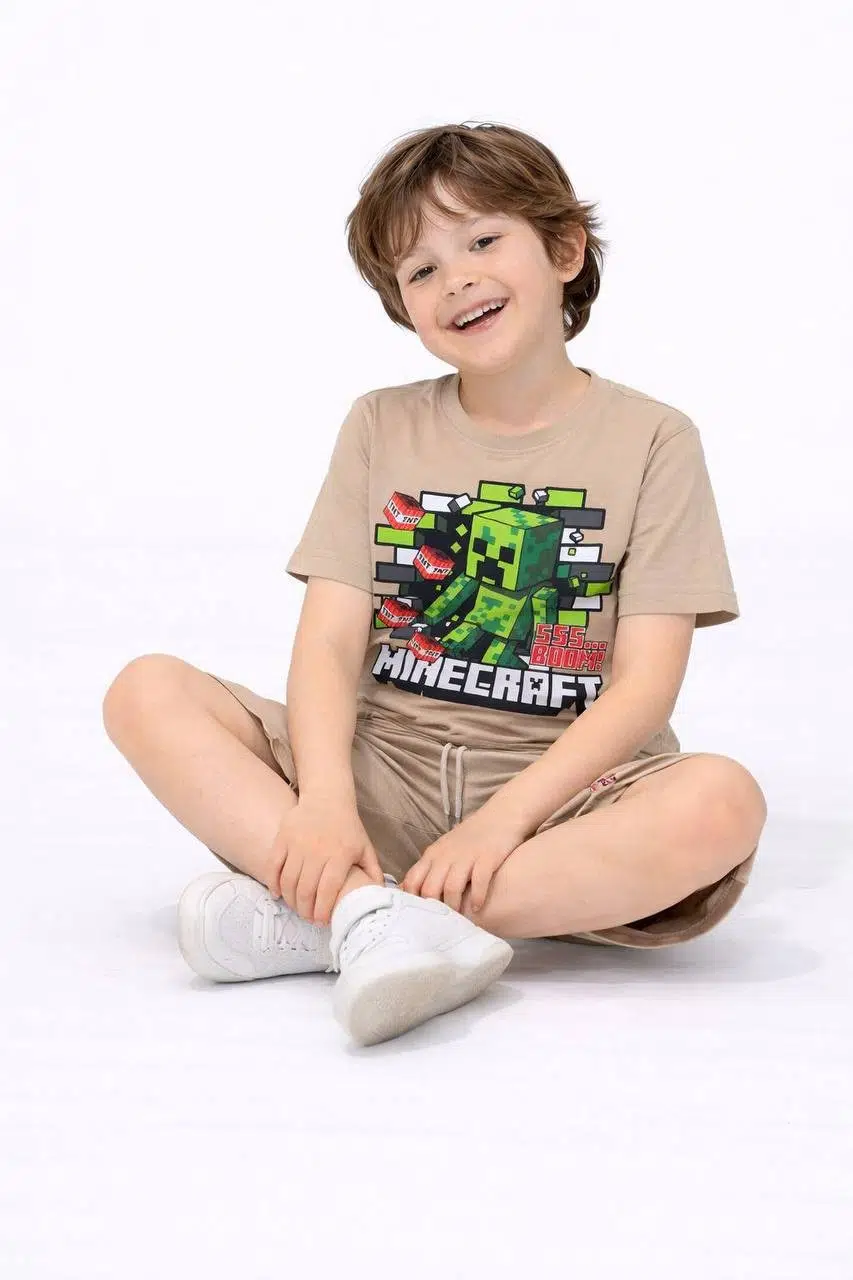 ERKEK ÇOCUK MINECRAFT DESENLİ PAMUK ŞORTLU TAKIM - bej