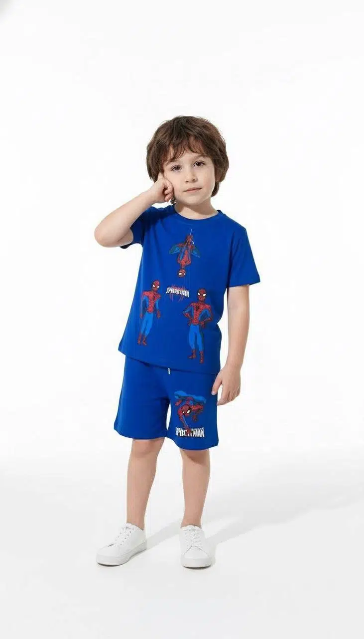 ERKEK ÇOCUK SPİDERMAN ÖRÜMCEK ADAM MODELLİ PAMUK ŞORTLU TAKIM - SAKS MAVİSİ